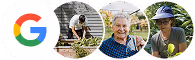 Google logo followed by circular images of people gardening and smiling outdoors.