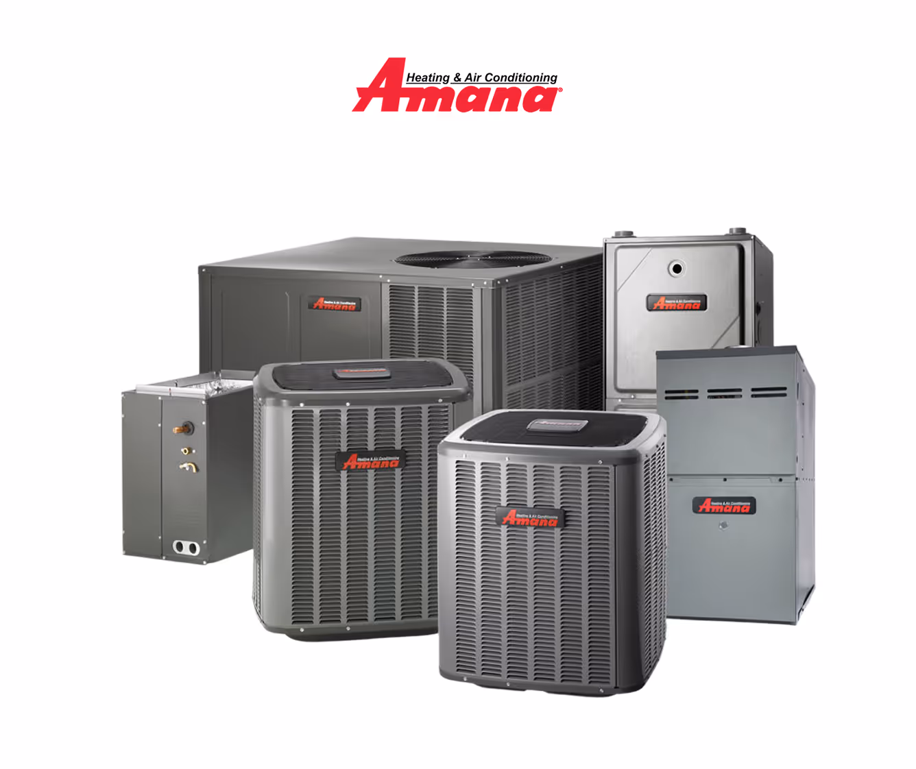 Assortment of Amana heating and air conditioning units arranged together, including air conditioners and furnaces with the Amana logo.