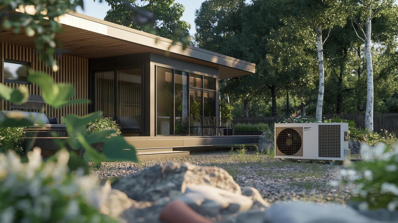 Modern wooden house with large glass doors surrounded by greenery and an outdoor air conditioning unit on a gravel surface.