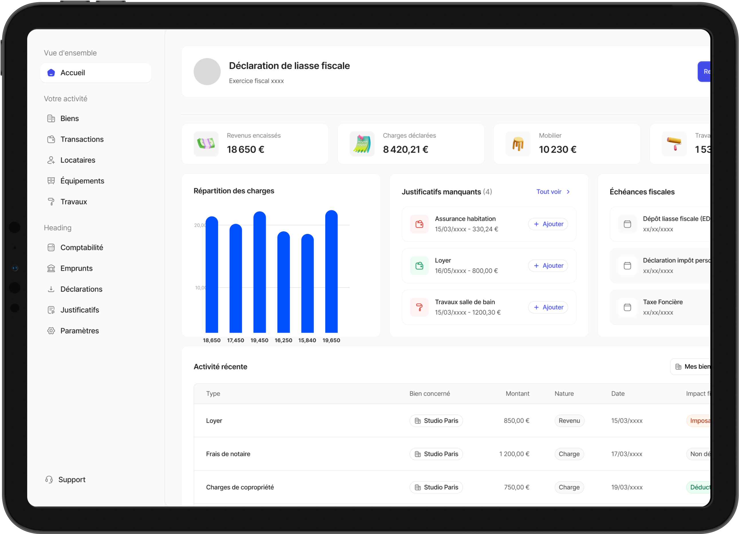 Interface de déclaration fiscale affichée sur une tablette, montrant les revenus encaissés, charges déclarées, mobilier, répartition des charges en graphique à barres, justificatifs manquants, échéances fiscales et activité récente.