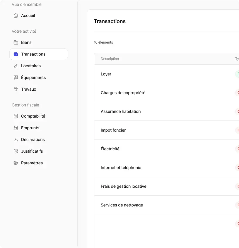 Interface de gestion des transactions avec liste de descriptions incluant loyer, charges de copropriété, assurance habitation, impôt foncier, électricité, internet et téléphonie, frais de gestion locative et services de nettoyage.
