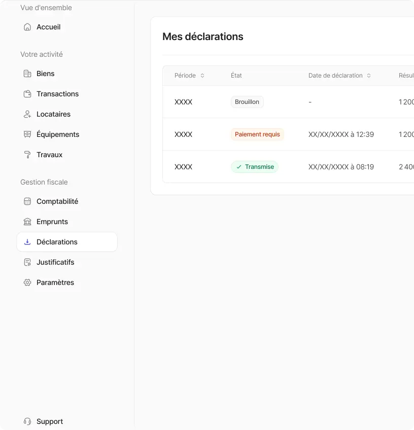Interface de gestion des déclarations avec un menu latéral listant Accueil, Biens, Transactions, Locataires, Équipements, Travaux, Comptabilité, Emprunts, Déclarations, Justificatifs, Paramètres et Support. Tableau affichant trois déclarations avec états Brouillon, Paiement requis et Transmise.
