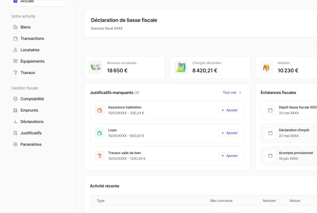 Tableau de bord de déclaration fiscale affichant revenus encaissés, charges déclarées, mobilier, justificatifs manquants tels qu'assurance habitation, loyer et travaux salle de bain, avec échéances fiscales et menu latéral de gestion.