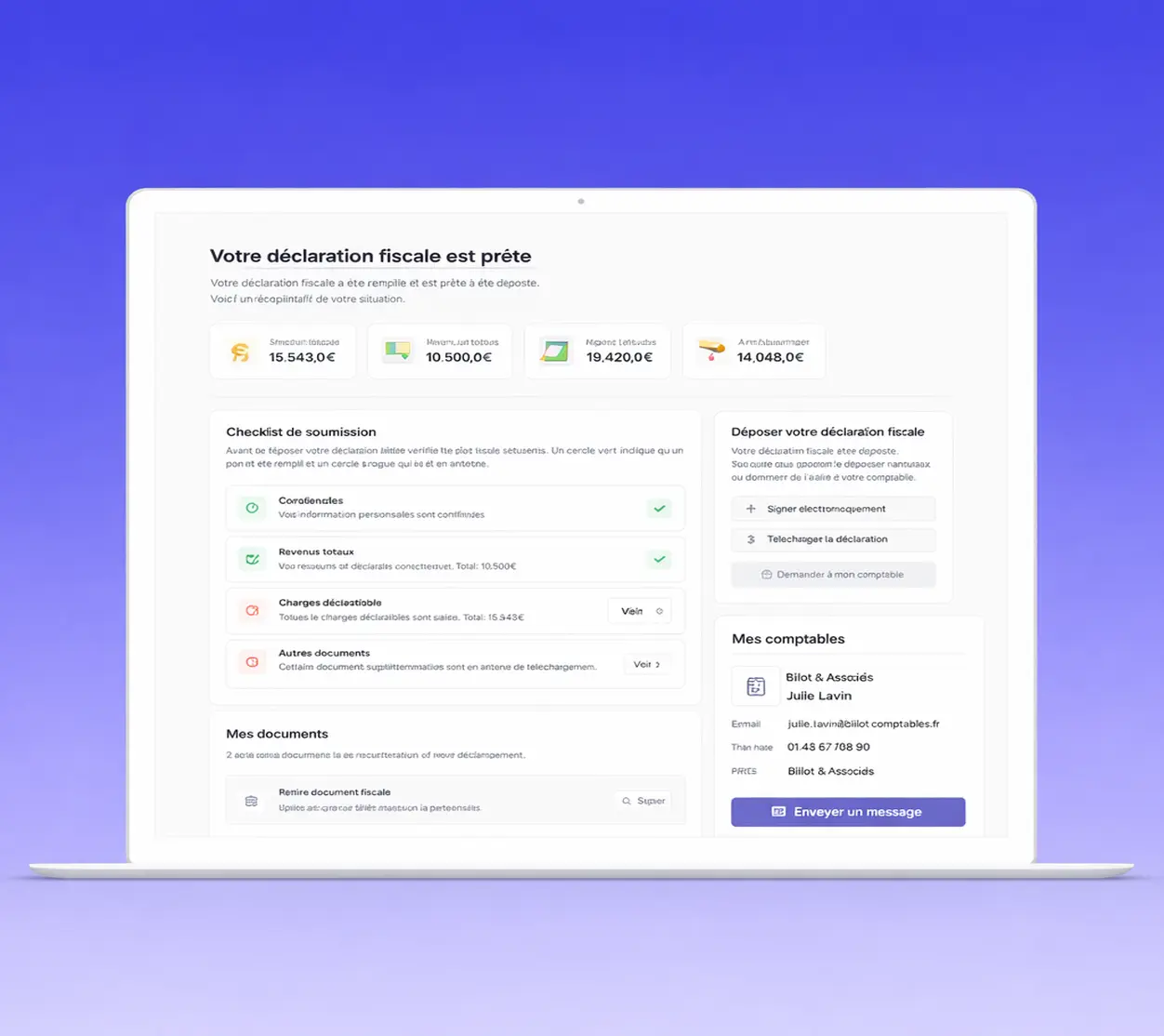 Interface d'application de déclaration fiscale affichant un résumé financier, une checklist de soumission, options pour déposer la déclaration, et coordonnées d'un comptable.