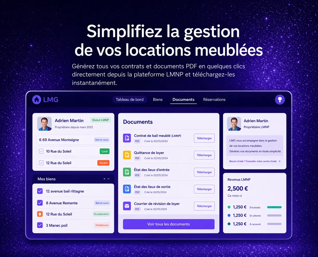 Interface de gestion de locations meublées avec sections pour contrats, quittances, états des lieux, et revenus LMNP.