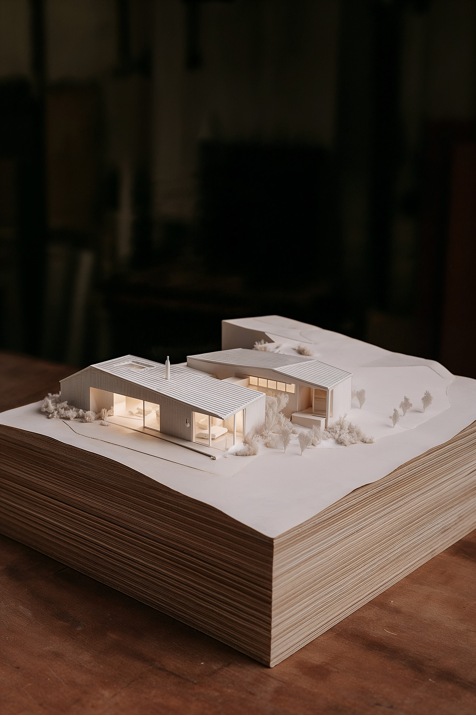 Architectural model of a modern house with two connected rectangular buildings, surrounded by miniature trees and shrubs on a textured base.
