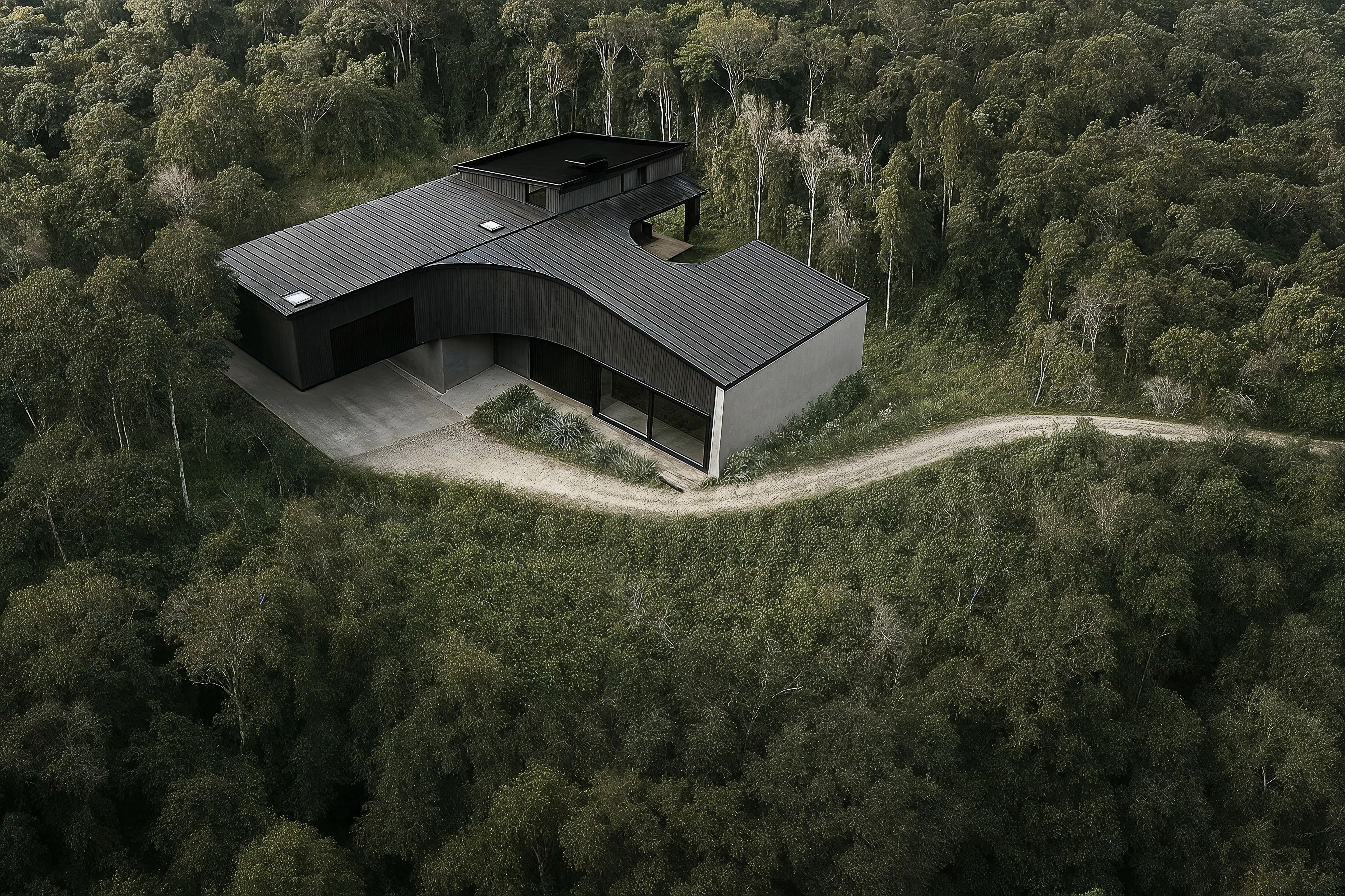 Modern black house with a metal roof surrounded by dense green forest and connected to a dirt road.