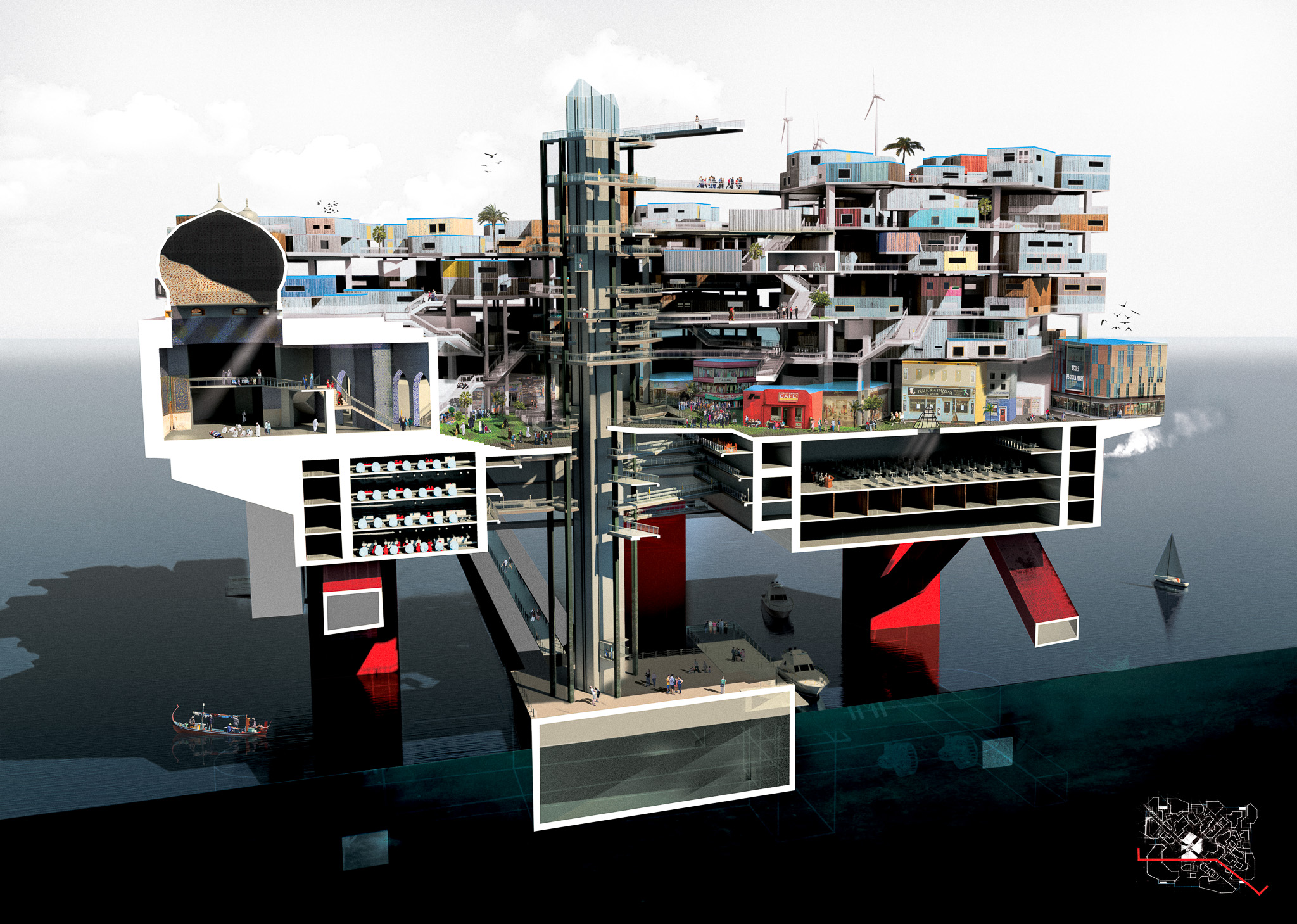 Cutaway architectural rendering of a futuristic offshore platform with multilevel habitats, community spaces, gardens, wind turbines, and underwater sections.