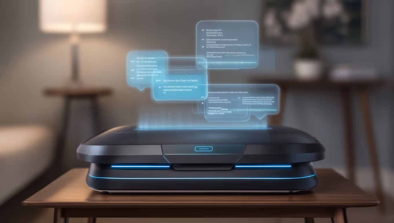 VELA holographic AI device displaying interactive interface with real-time data