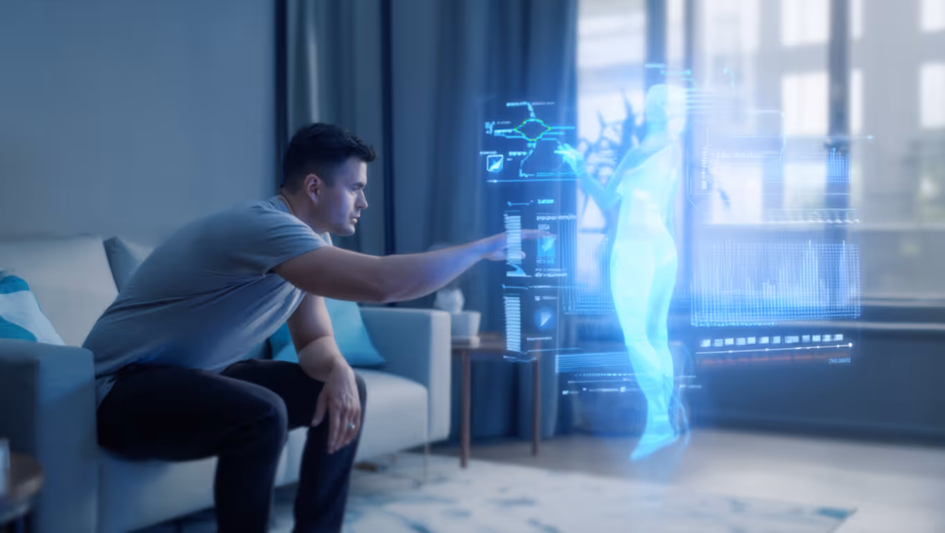 User interacting with VELA holographic AI through gesture control interface