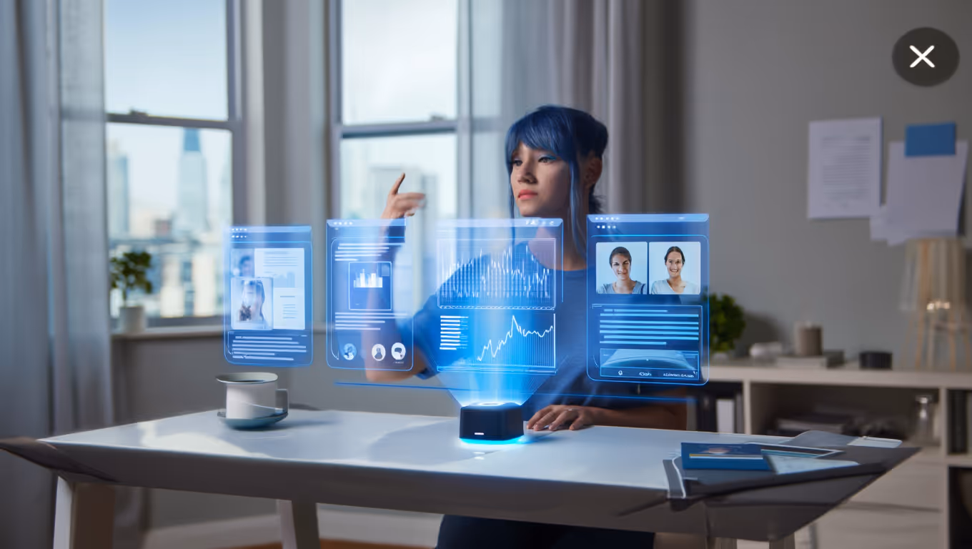 Professional workspace with VELA holographic AI displaying multiple data screens
