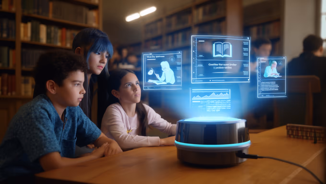 Family using VELA holographic AI companion for interactive learning experience
