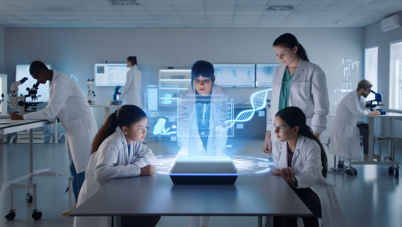Medical research team using VELA holographic AI for 3D data visualization