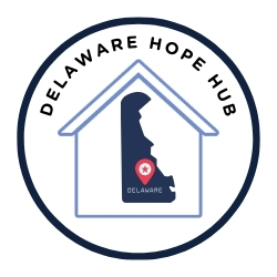 Logo of Delaware Hope Hub showing an outline of Delaware state inside a house with the text 'Delaware Hope Hub' around the circle.