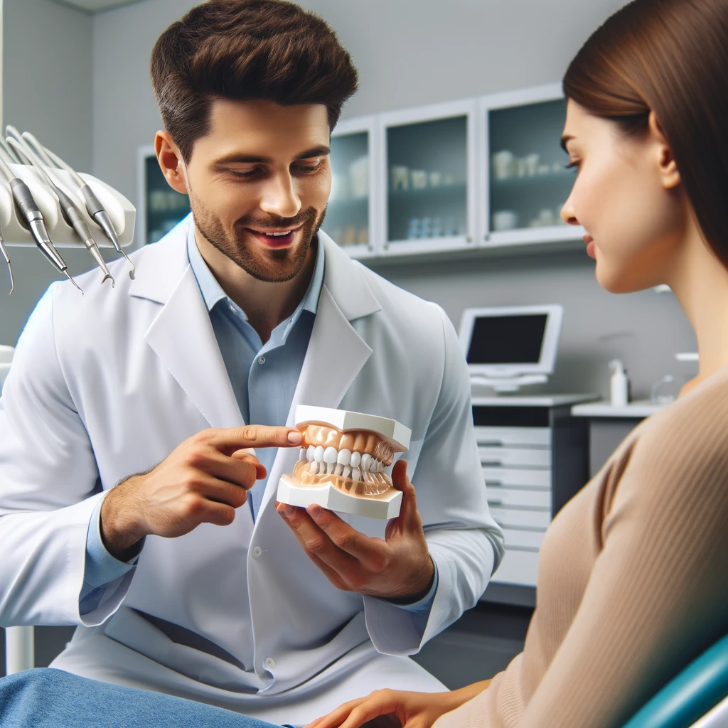 Dentist explaining the function and benefits of dental crowns to a patient in a Westfield clinic.