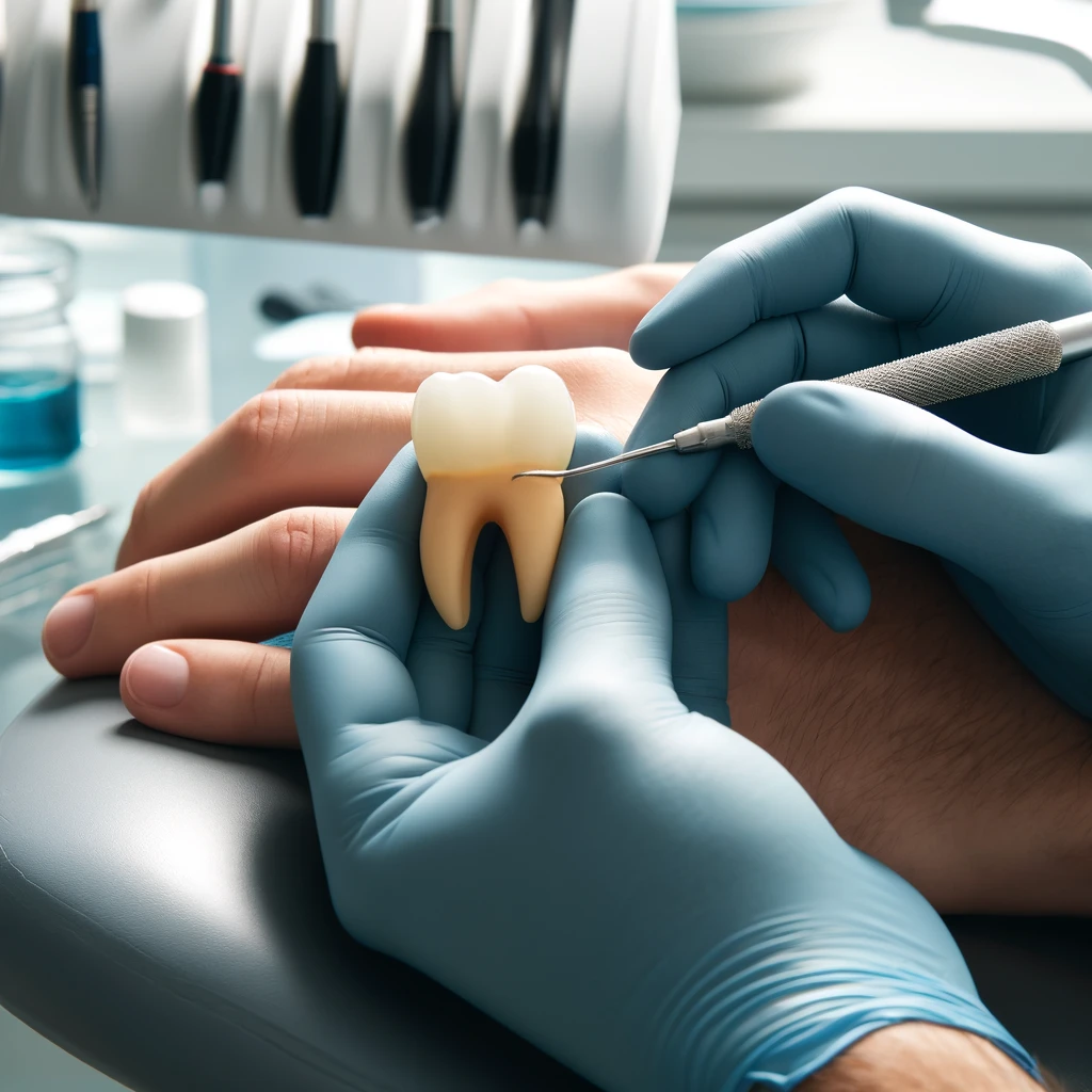 Close-up of a dentist placing a dental crown on a patient's tooth in a Westfield dental clinic.