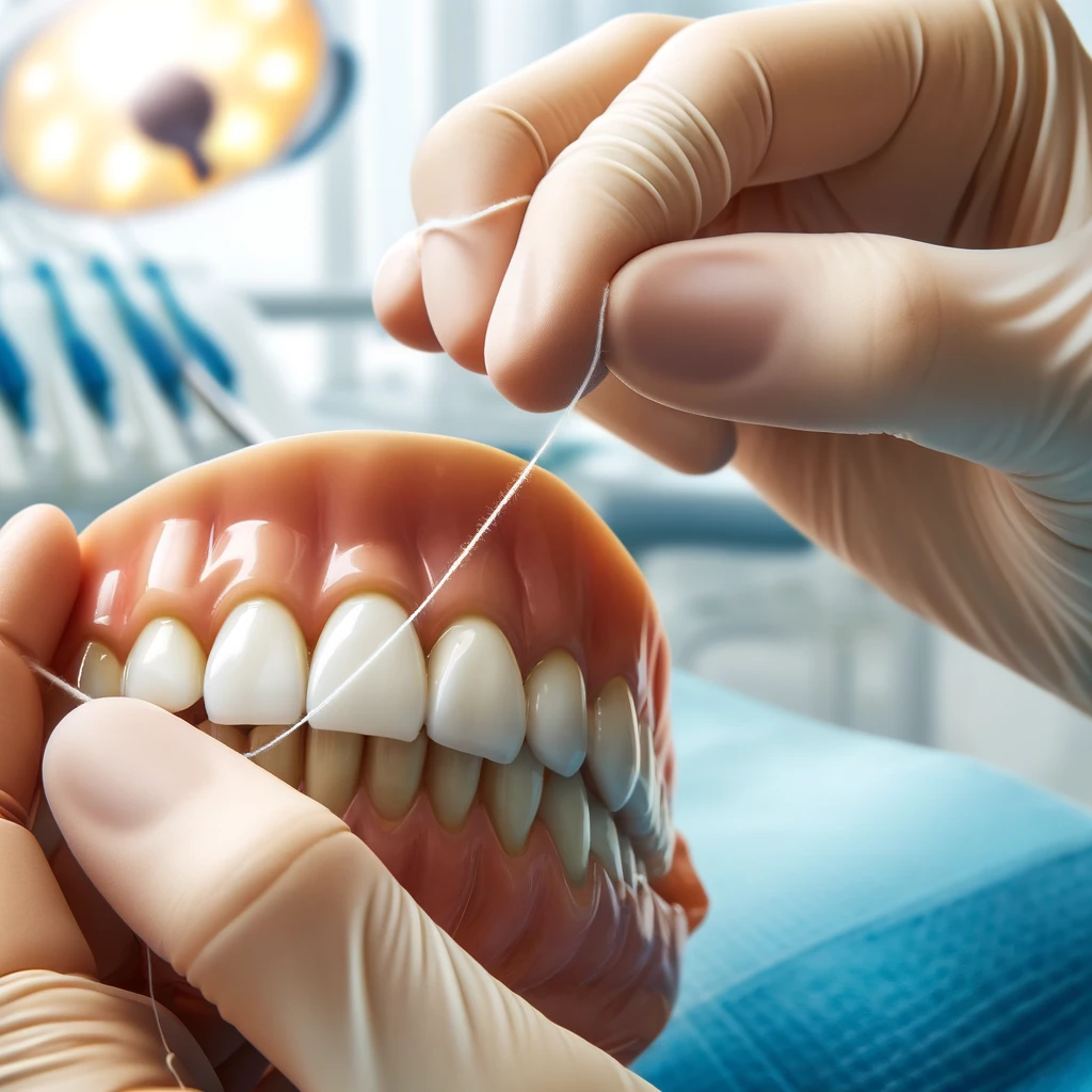 Person flossing around dental crowns in a dental office setting