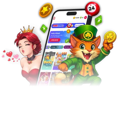 A vibrant 3D graphic featuring a smartphone displaying the Ruby Sweeps social casino app. The screen shows the Daily Wheel and various slot games like 'Ducky at Sea' and 'Queen of Hearts.' Surrounding the phone are colorful mascot characters, including a red-haired queen blowing heart-shaped kisses and a cheerful leprechaun cat holding a gold coin, alongside floating gold coins and green emeralds.