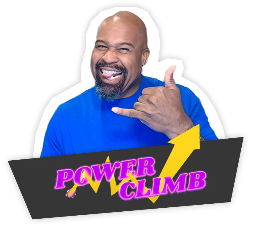A cheerful male host named Preston with a beard, featured above a dark banner that reads "POWER CLIMB" in purple and pink lettering with a large yellow upward-pointing arrow.