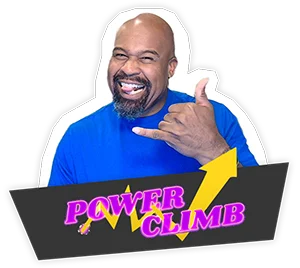 A cheerful male host named Preston with a beard, featured above a dark banner that reads "POWER CLIMB" in purple and pink lettering with a large yellow upward-pointing arrow.