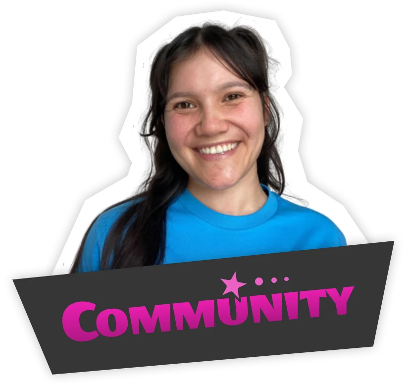A smiling female host named CeCe wearing a blue t-shirt, presented as a sticker-style avatar with a dark banner that reads 'COMMUNITY' in pink lettering.