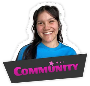A smiling female host named CeCe wearing a blue t-shirt, presented as a sticker-style avatar with a dark banner that reads 'COMMUNITY' in pink lettering.