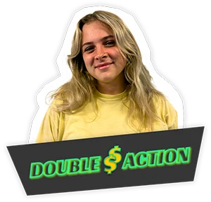A smiling female host named Emma, featured above a banner that reads 'DOUBLE ACTION' in glowing green text.