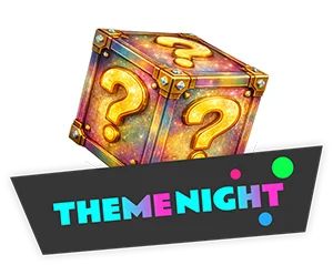 A magical 3D golden mystery box decorated with glowing question marks and cosmic star patterns, positioned above a banner reading "THEME NIGHT".