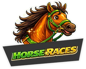 A sticker-style graphic of a brown horse's head with a green bridle, positioned above a 'HORSE RACES' banner in green and gold.