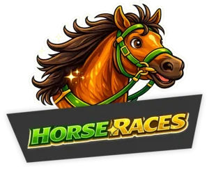 A sticker-style graphic of a brown horse's head with a green bridle, positioned above a 'HORSE RACES' banner in green and gold.