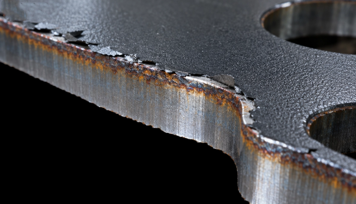 powder-coated laser-cut bracket with chipped coating along the cut edge, bare scale visible. 