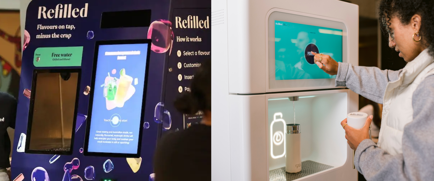 Side-by-side of beta purple loud Refiller machine next to sleek, minimal new Refiller machine with young woman pouring