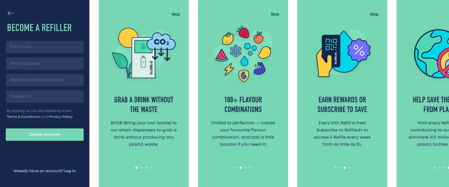 Welcome and onboarding UI pages for the Refiller mobile app