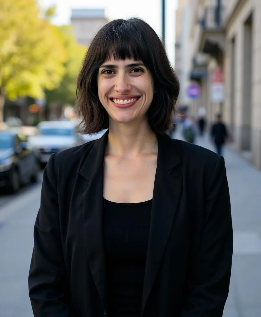 Smiling woman with short dark hair wearing a black blazer and top standing on a city sidewalk.