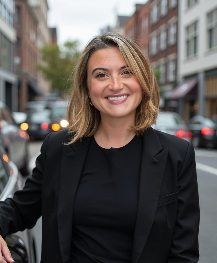 Smiling woman with shoulder-length blonde hair wearing a black blazer on an urban street.