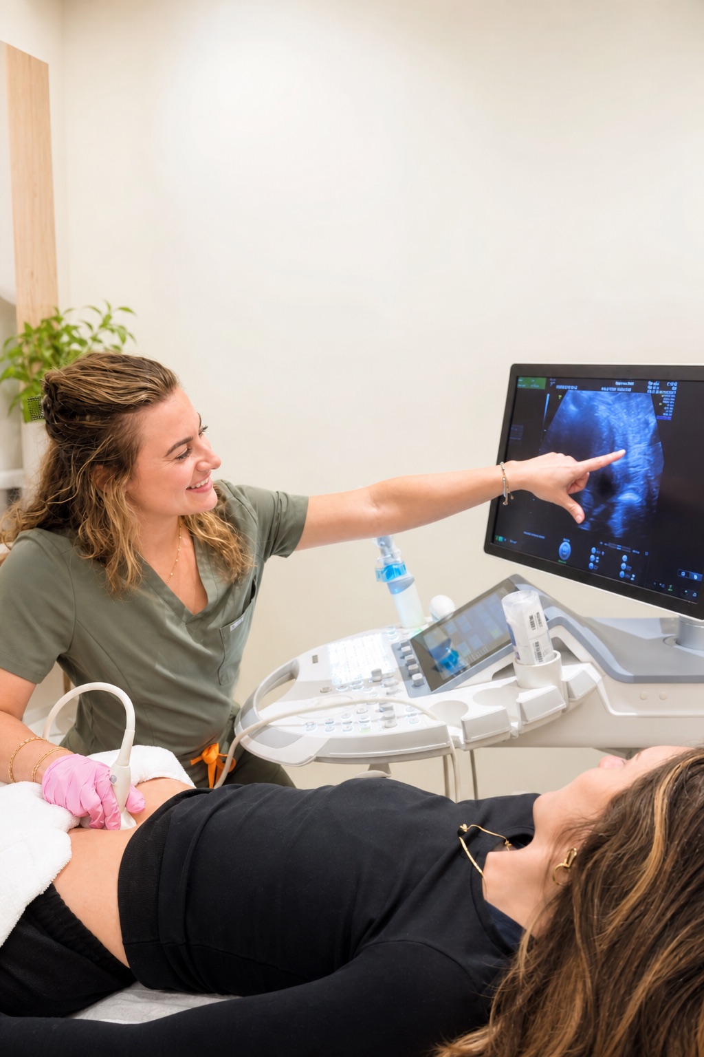 Materna sonographer pointing to an ultrasound image on screen during cycle monitoring