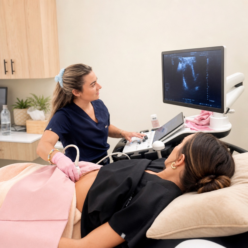 Materna sonographer performing an ultrasound while the patient watches the screen