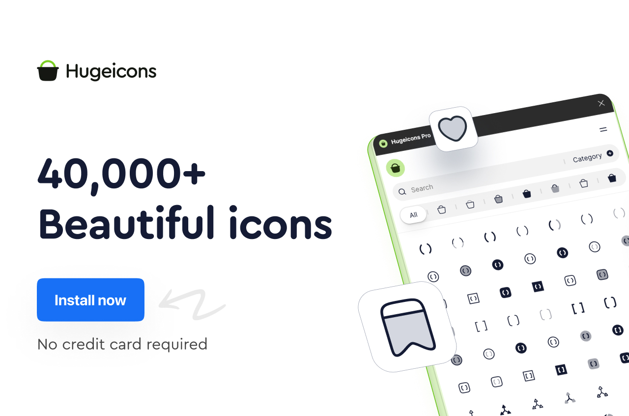 1. Hugeicons interface showing searchable icon library with over 40,000 icons and a call-to-action to install without credit card.