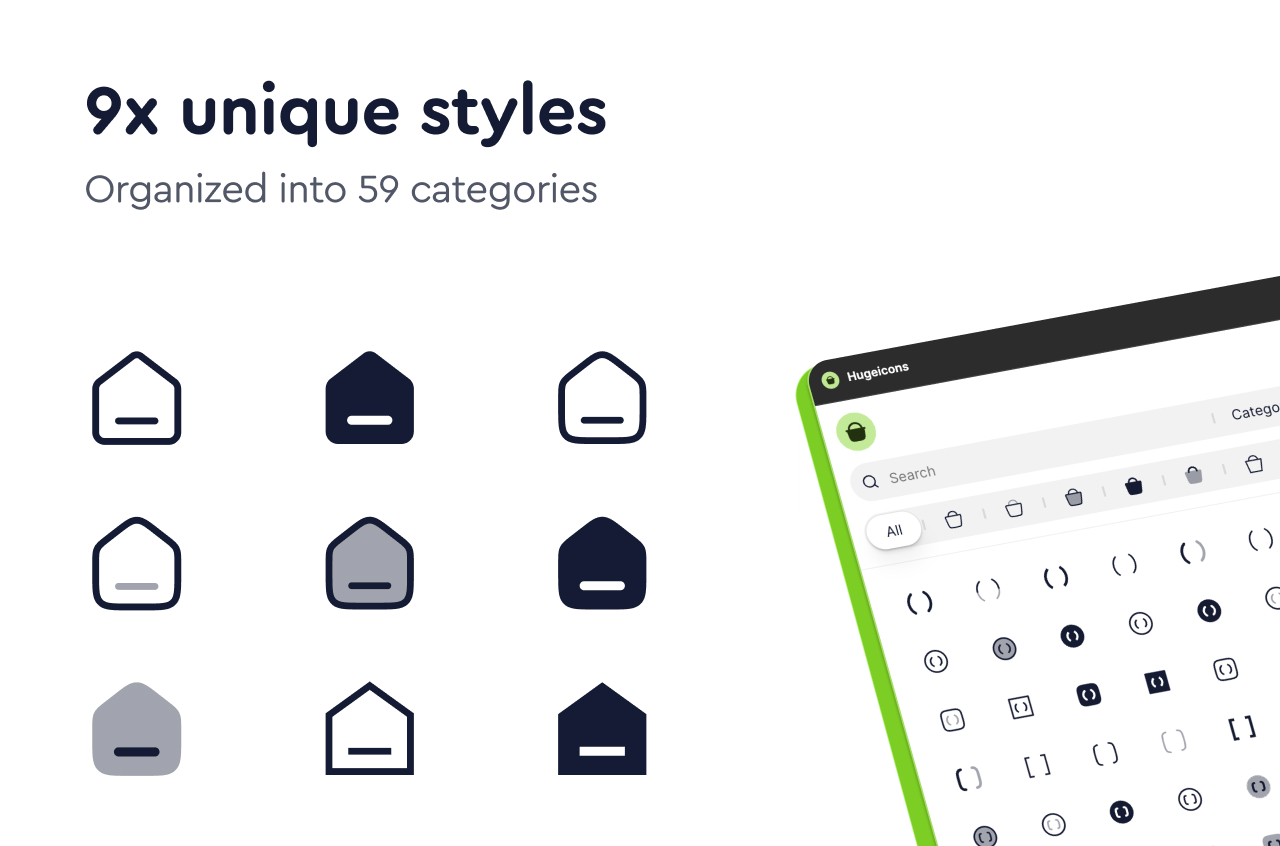 4. Grid view of diverse Hugeicons, including home, bell, user, chat, shield, attachment, and AI icons in consistent style.