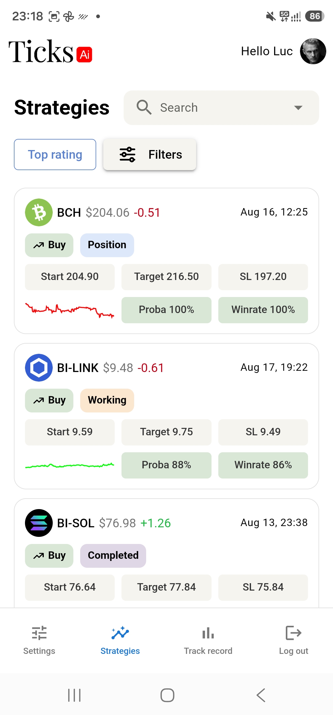 The Ticks strategies feed: each strategy with direction, entry, target, stop, probability and win rate