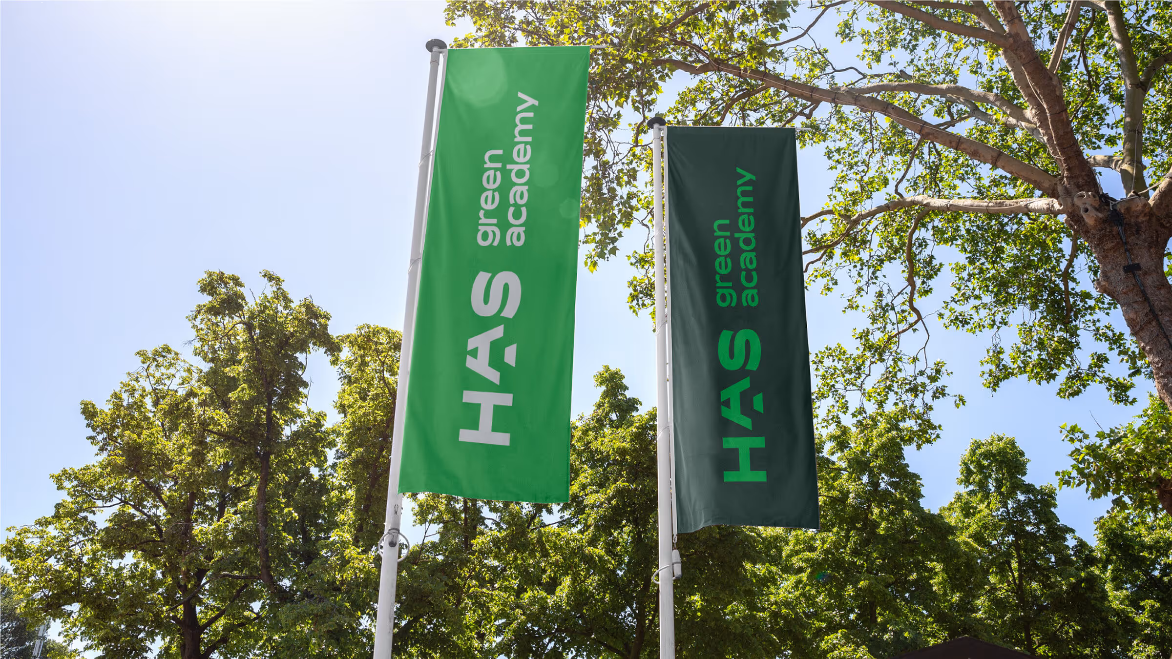 Two vertical flags on poles with HAS green academy text, set against a blue sky and leafy green trees backdrop.