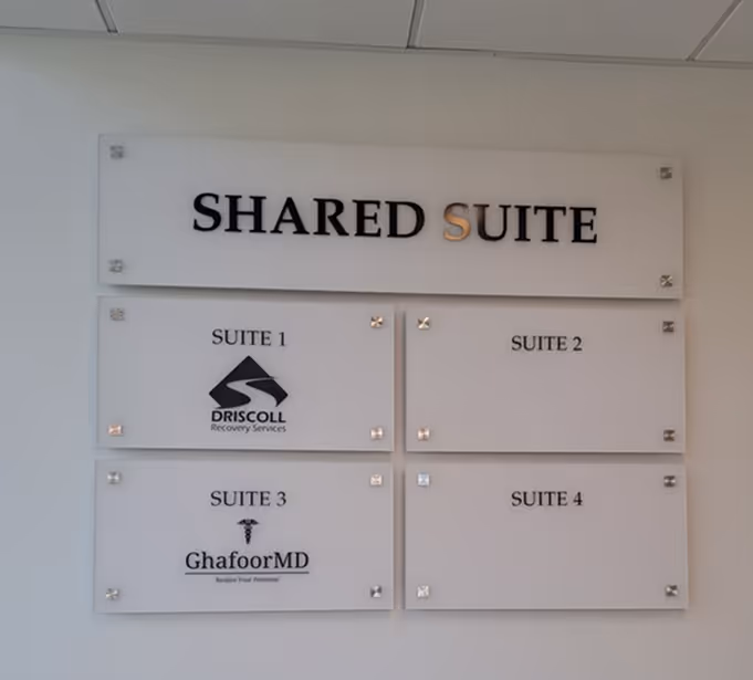 Acrylic suite signs for businesses in vinyl with standoffs