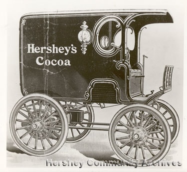 Monochrome four wheeled carriage with "Hershey's cocoa" painted on the side