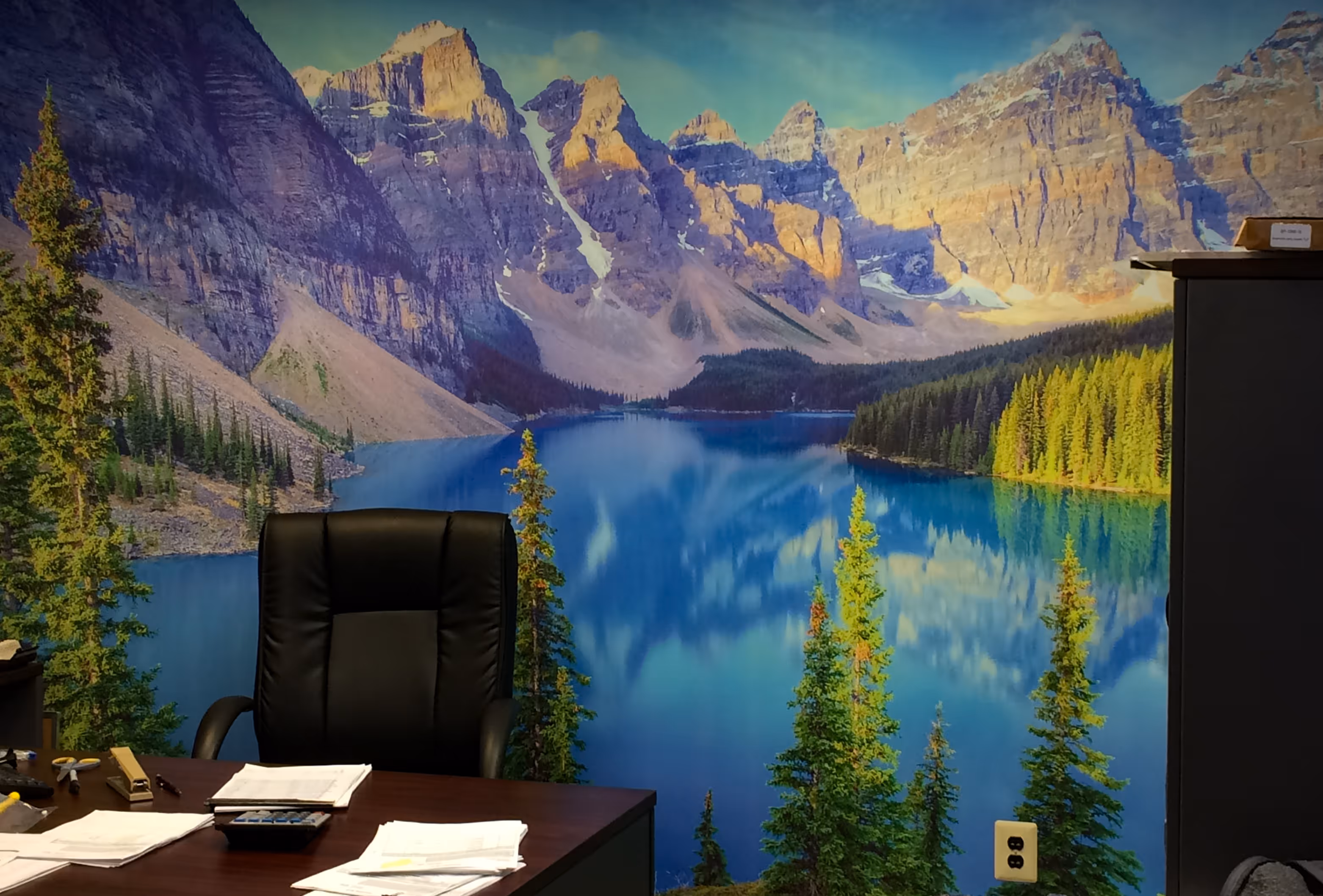 Scenic vinyl graphic behind an office desk