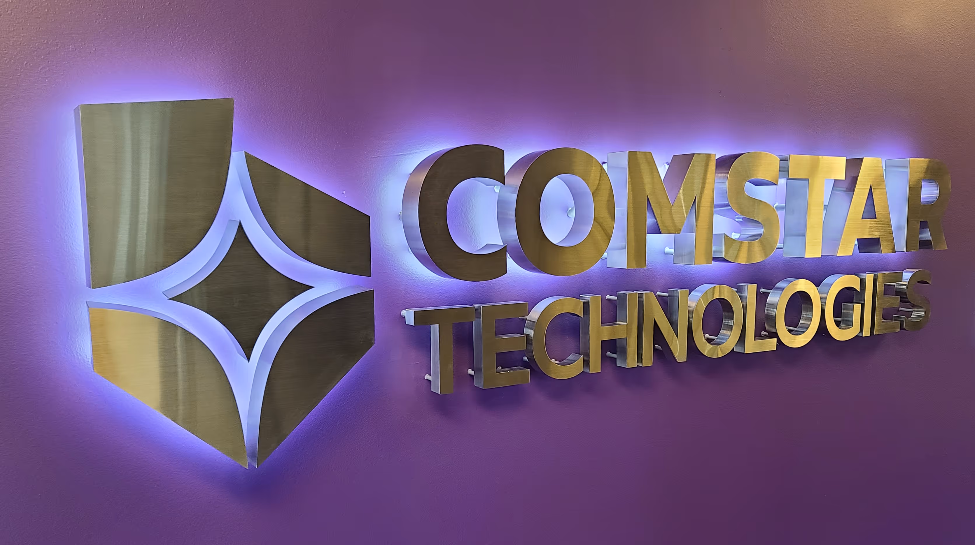 Halo-lit aluminum channel letters mounted on a purple wall