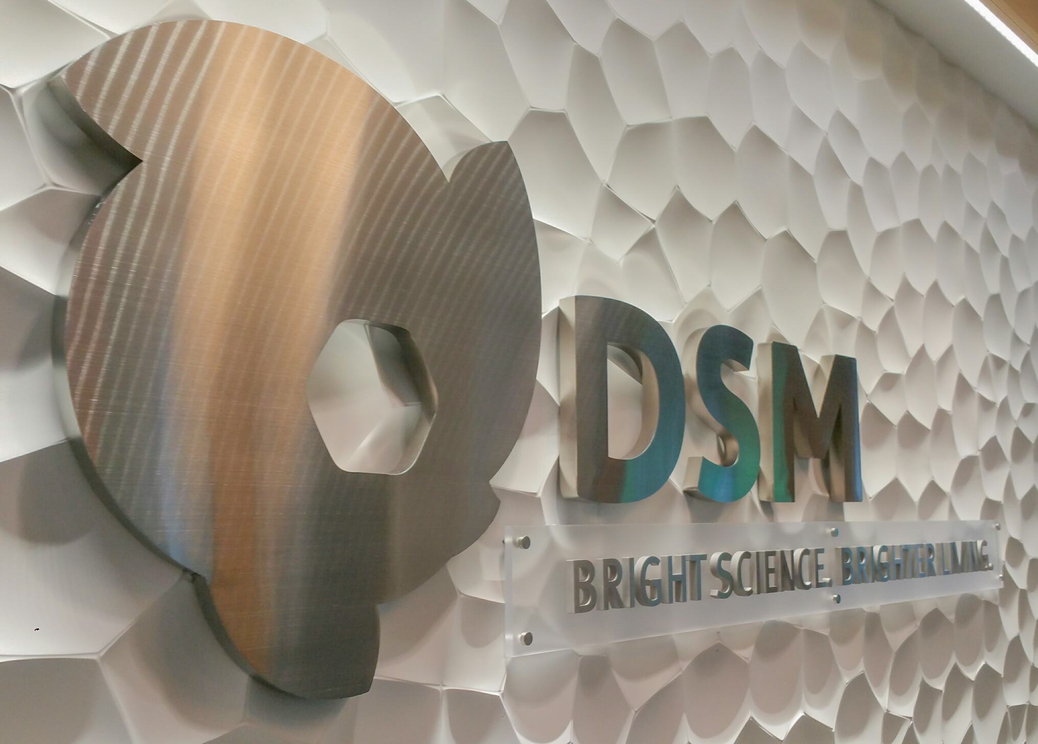 Brushed aluminum dimensional letters and logo on a textured wall