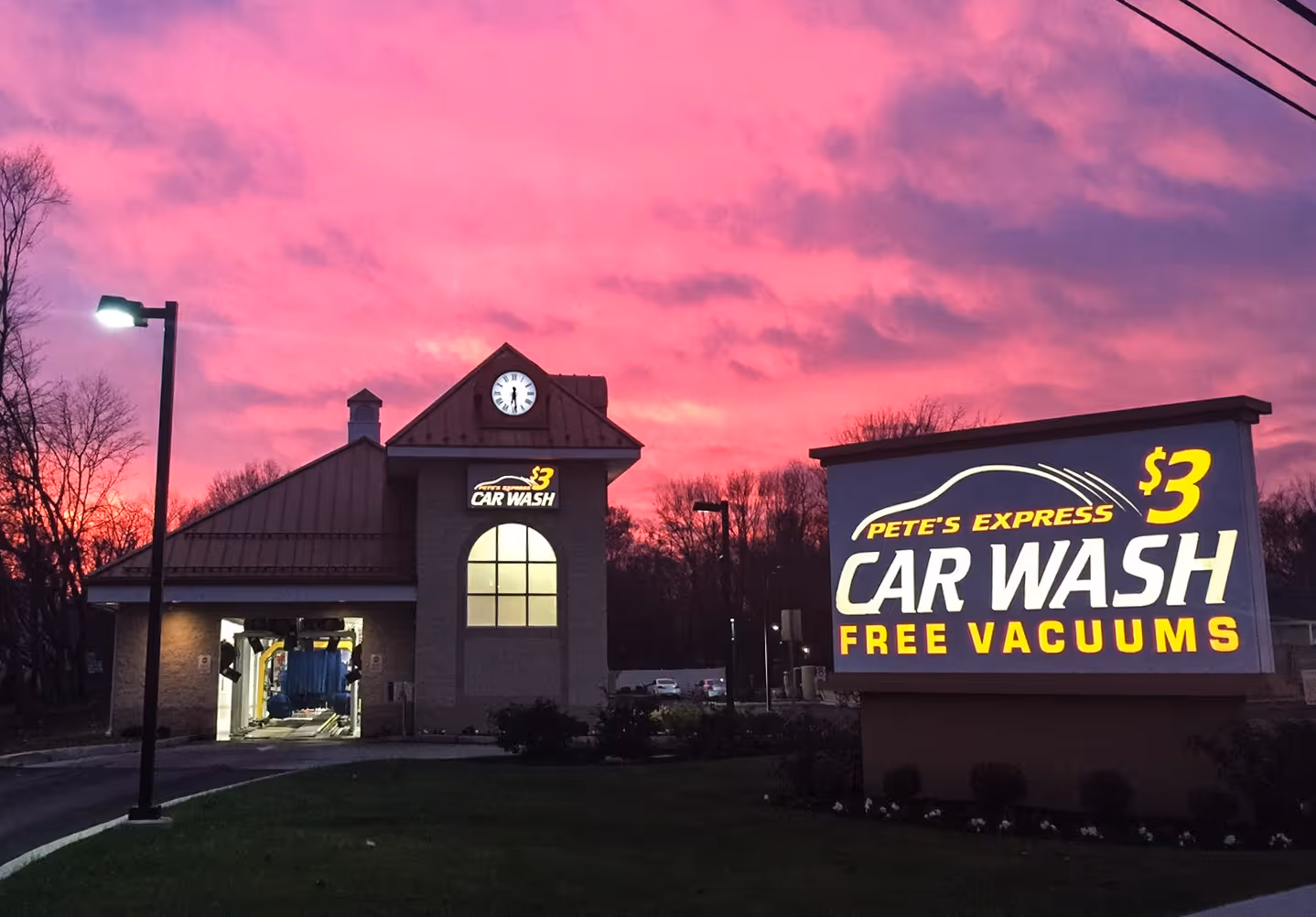 Sunset view of internally-illuminated monument sign