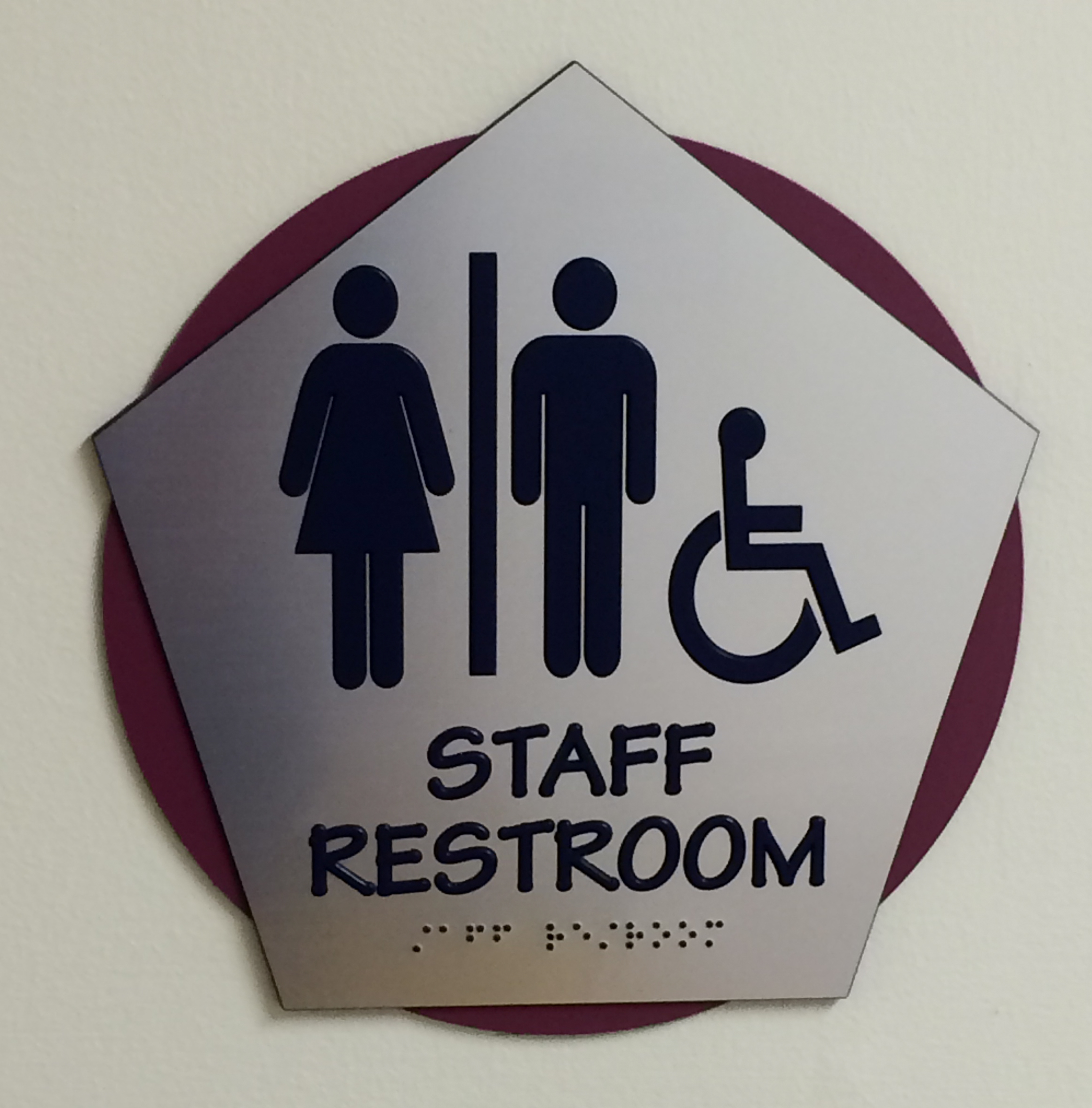 Staff restroom ADA sign on brushed metal and custom acrylic backer