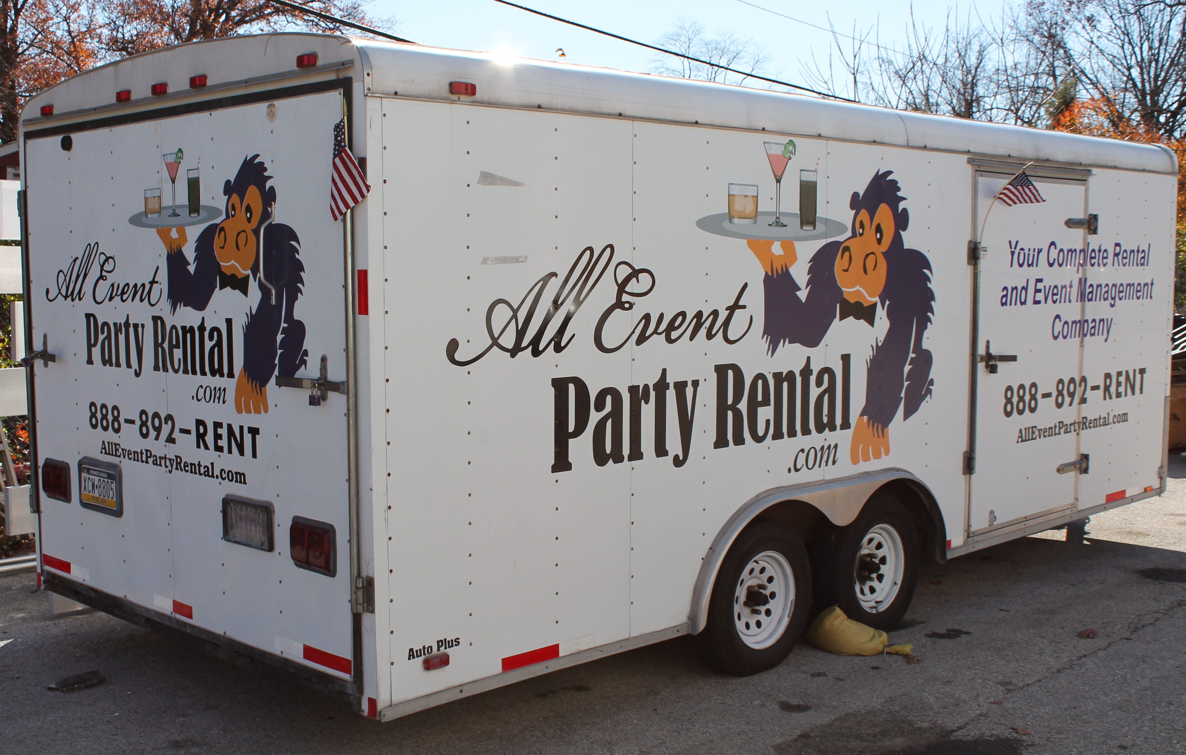 Long trailer with vinyl graphics and lettering