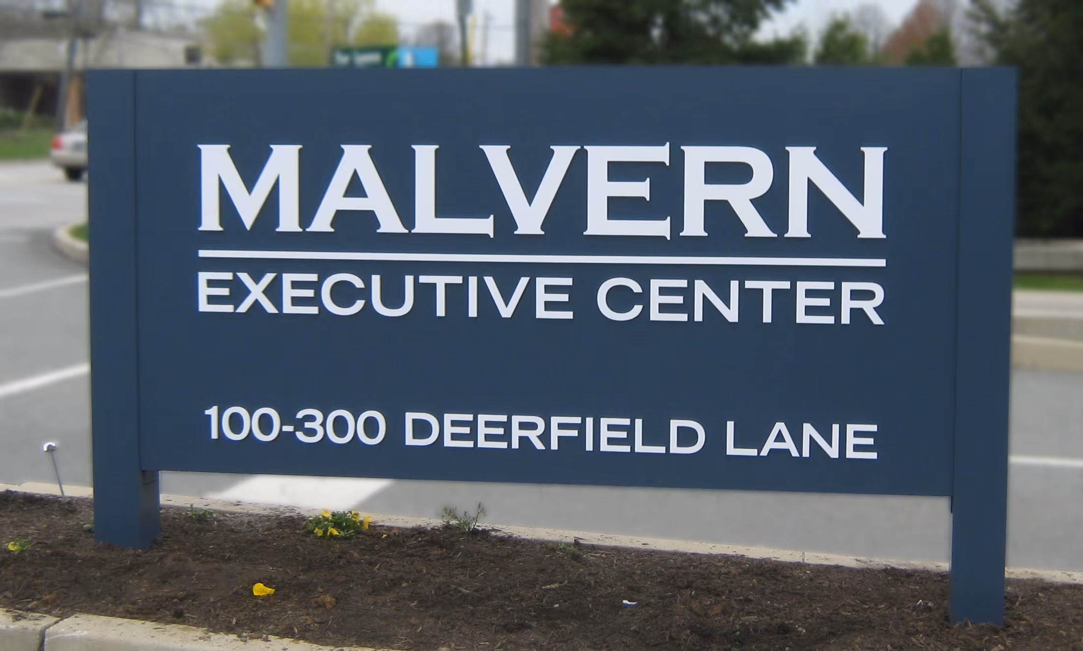 Blue post and panel sign with dimensional letters for an executive center